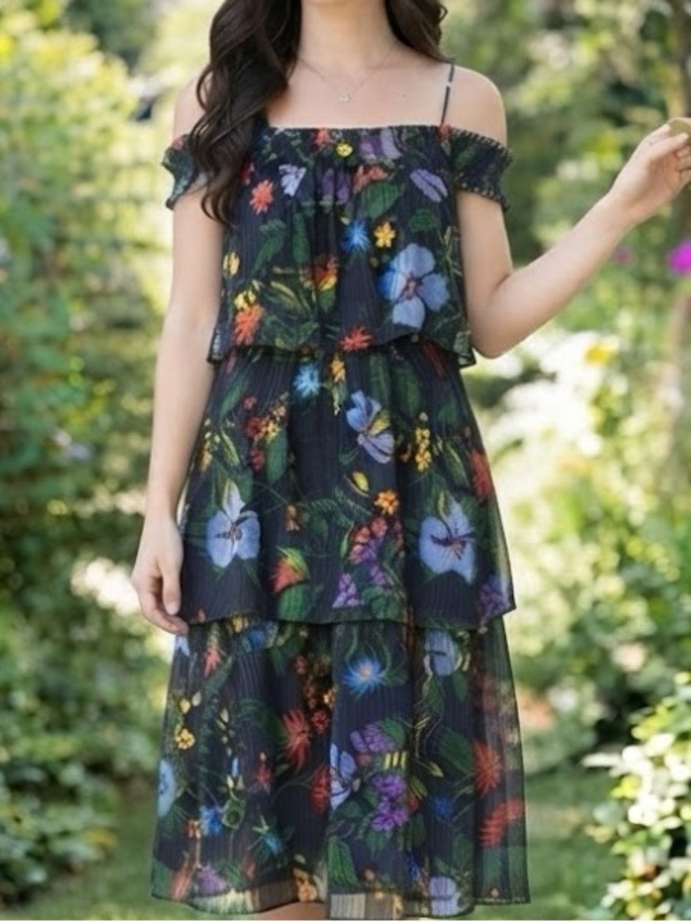 Club Monaco Silk 100% Floral Tiered Midi Dress Spagetti straps Drop Shoulder S/M - Picture 9 of 16